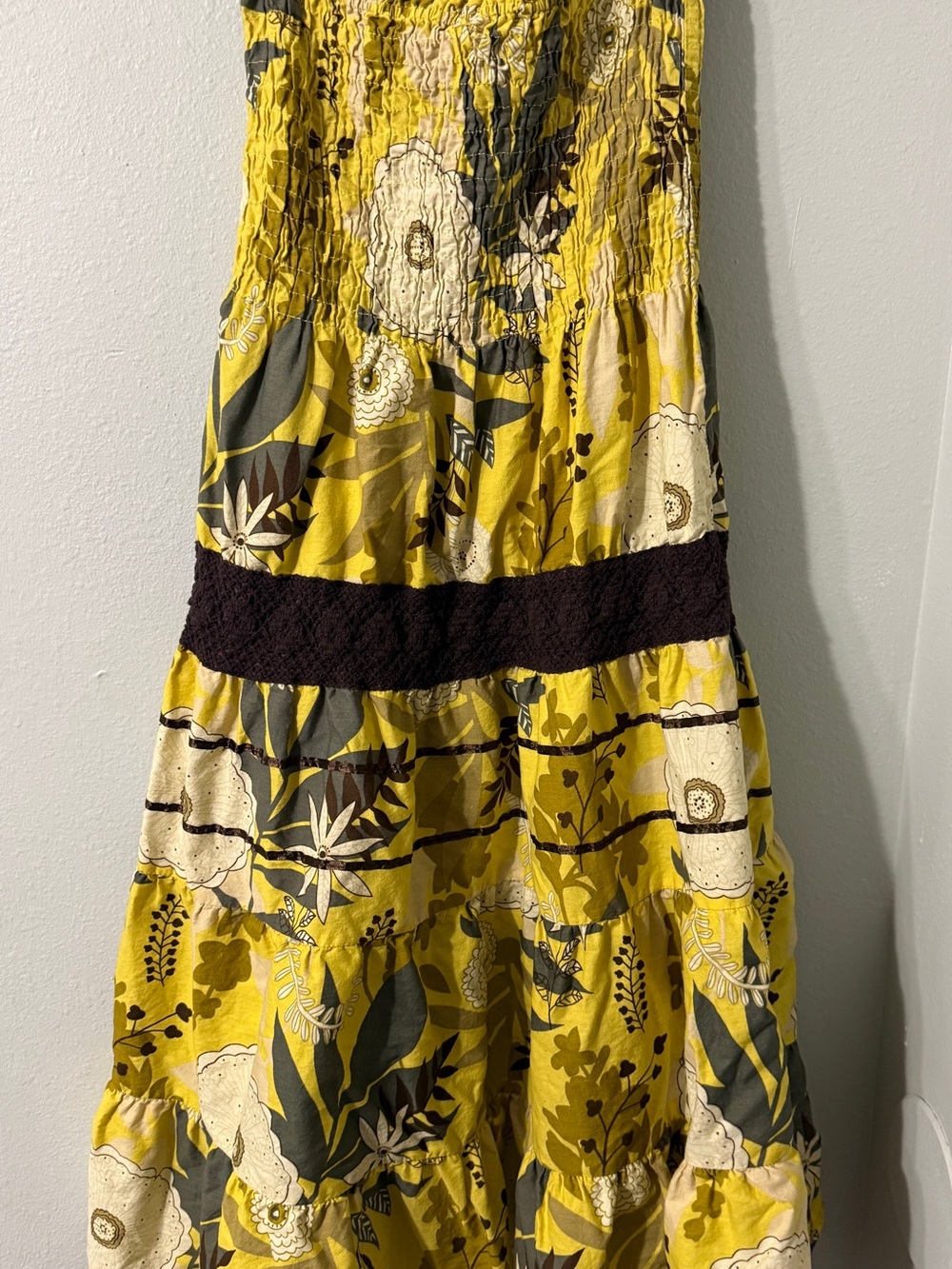 CuteY2K Yellow Floral Smocked Strapless Tiered Flowy Dress with Crochet Accents - Picture 5 of 7